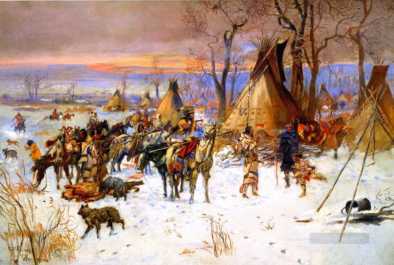 インディアンハンターの帰還 1900年 チャールズ・マリオン・ラッセル アメリカ・インディアン油絵